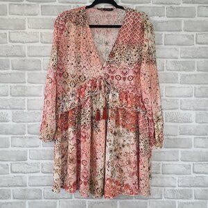 ZARA Patchwork Print Mini Dress Medium Boho Festival Cottage Core Tassel Tie